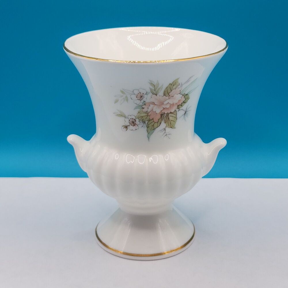 Brocade Fine Bone China Floral Bud Vase White Pink Green Gold 4"
